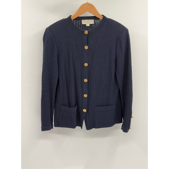St. John Marie Gray Cardigan Sweater Women 6 Navy Blue Gold Buttons Nautical‎ - Picture 1 of 10